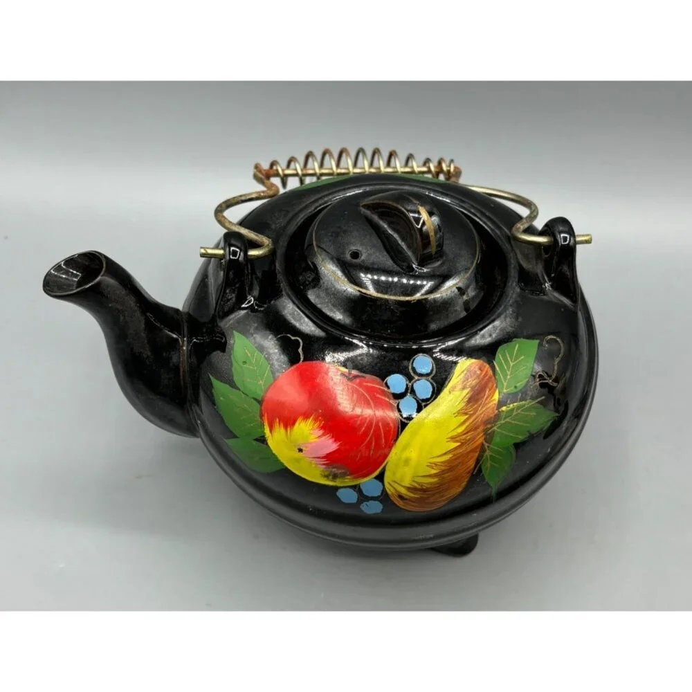 Vtg Wales Black Teapot With Hand Painted Fruit Design Coiled Metal‎ Handle